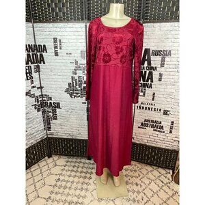 Susan Graver Studio M Maroon Floral Flocked Bodice Long Sleeve Long Dress